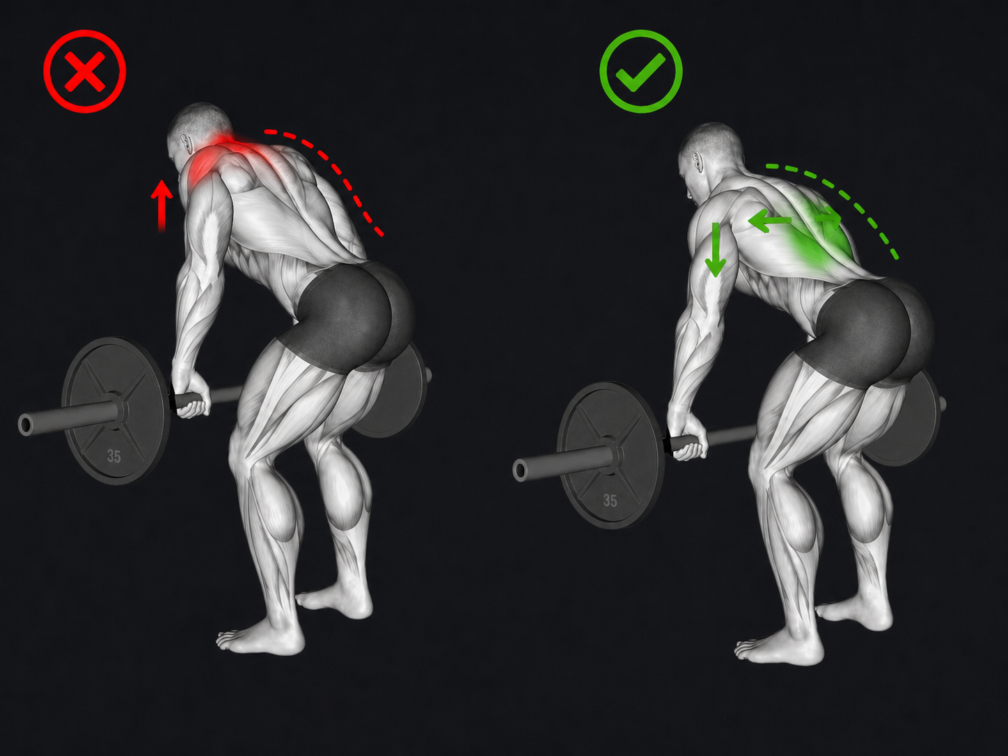 Barbell Row — Shoulders rise toward the ears