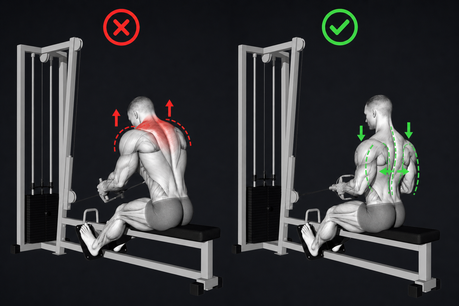 Seated Cable Row — Shoulders rise toward the ears