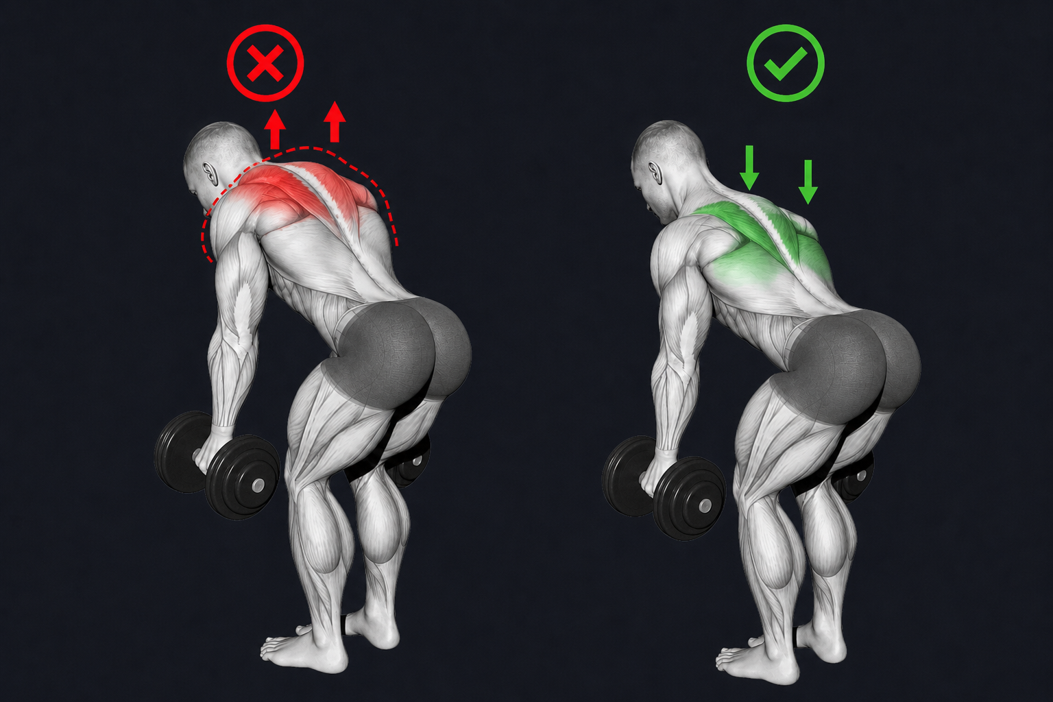 Dumbbell Row — Shoulders rise toward the ears