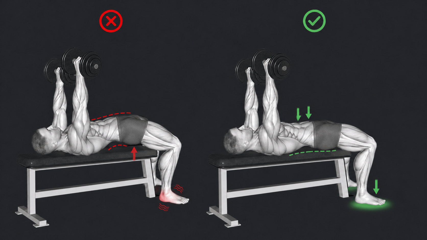 Dumbbell Bench Press — Hips lift off the bench