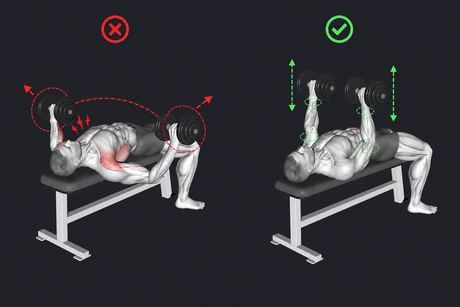 Dumbbell Bench Press — Dumbbells drift outward