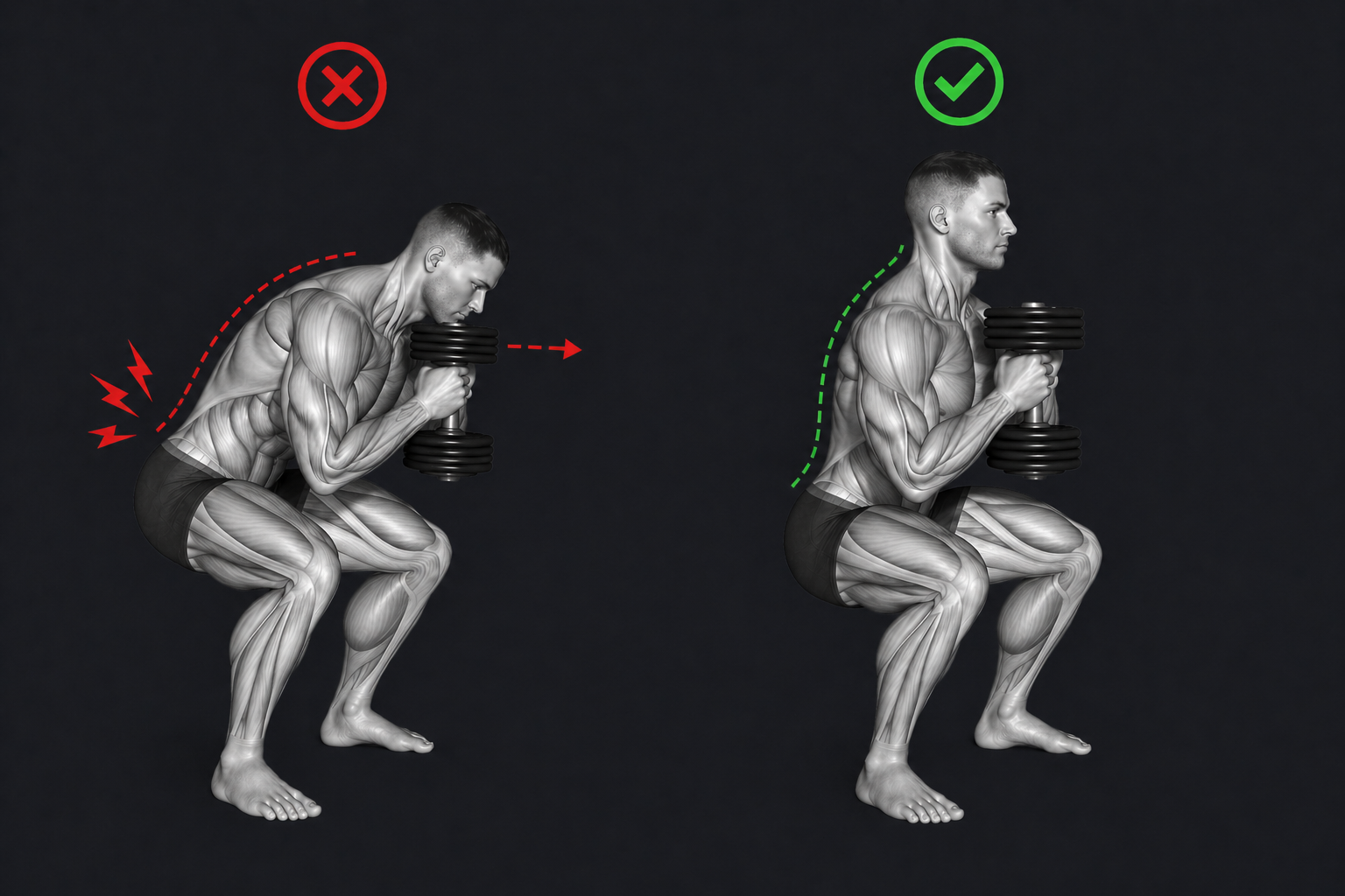 Goblet Squat — Dumbbell moves away from the body