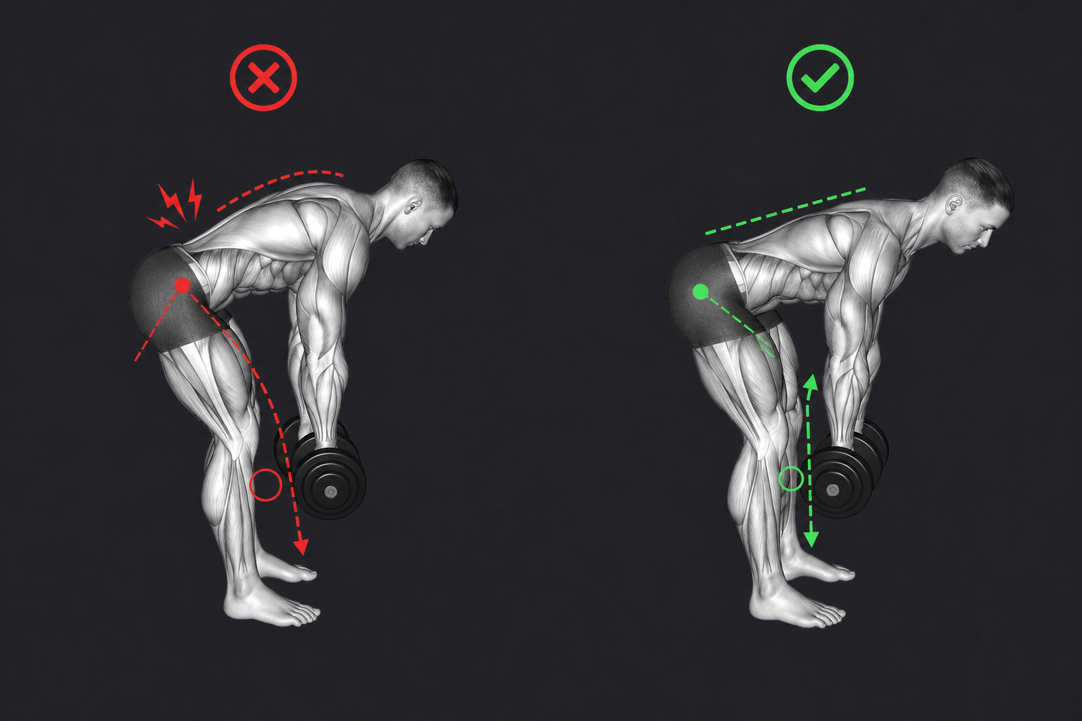 Dumbbell Stiff Leg Deadlift — Dumbbells move away from the body