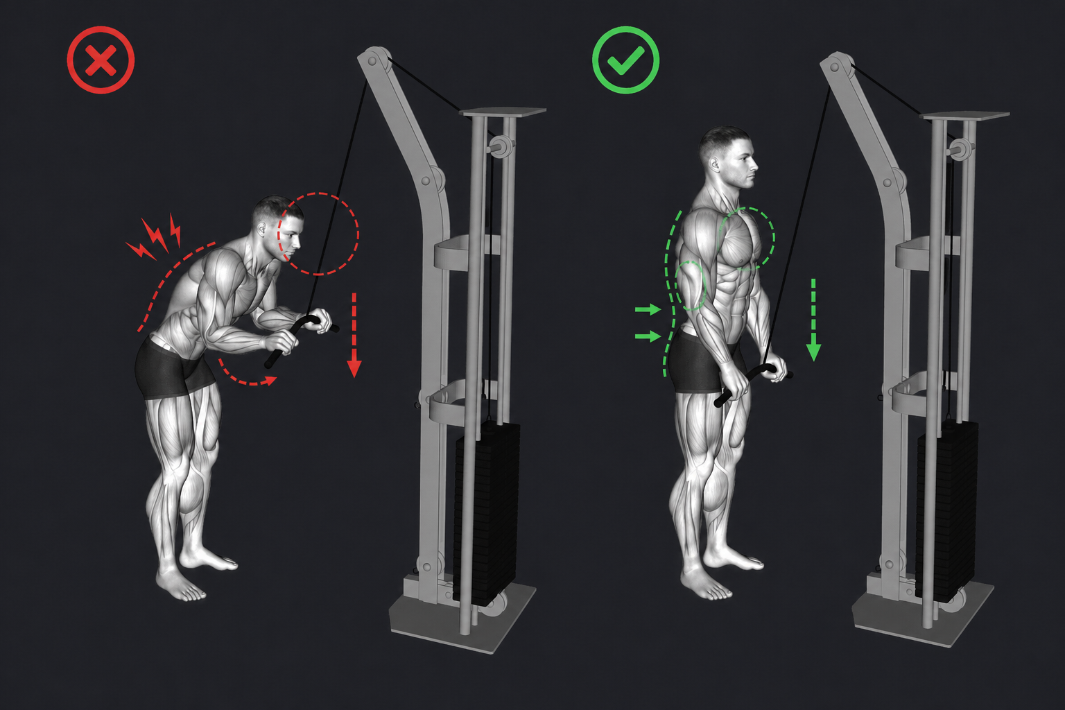 Cable Tricep Pushdown — Leaning forward to press down