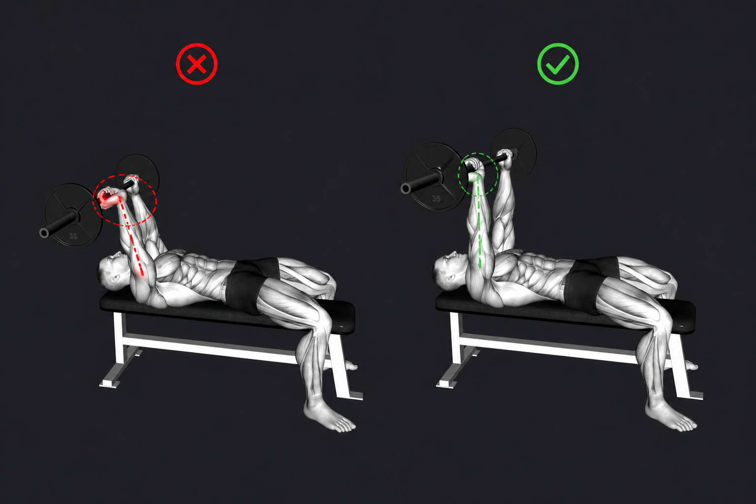 Lying Barbell Tricep Extension — Wrists bend back