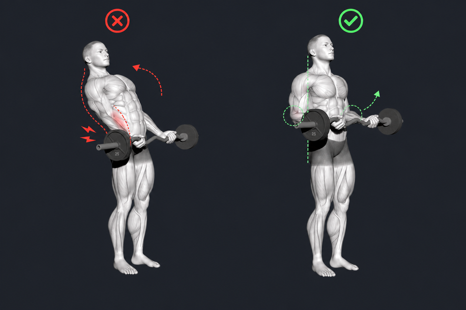 EZ-Bar Bicep Curl — Leaning back to lift the bar