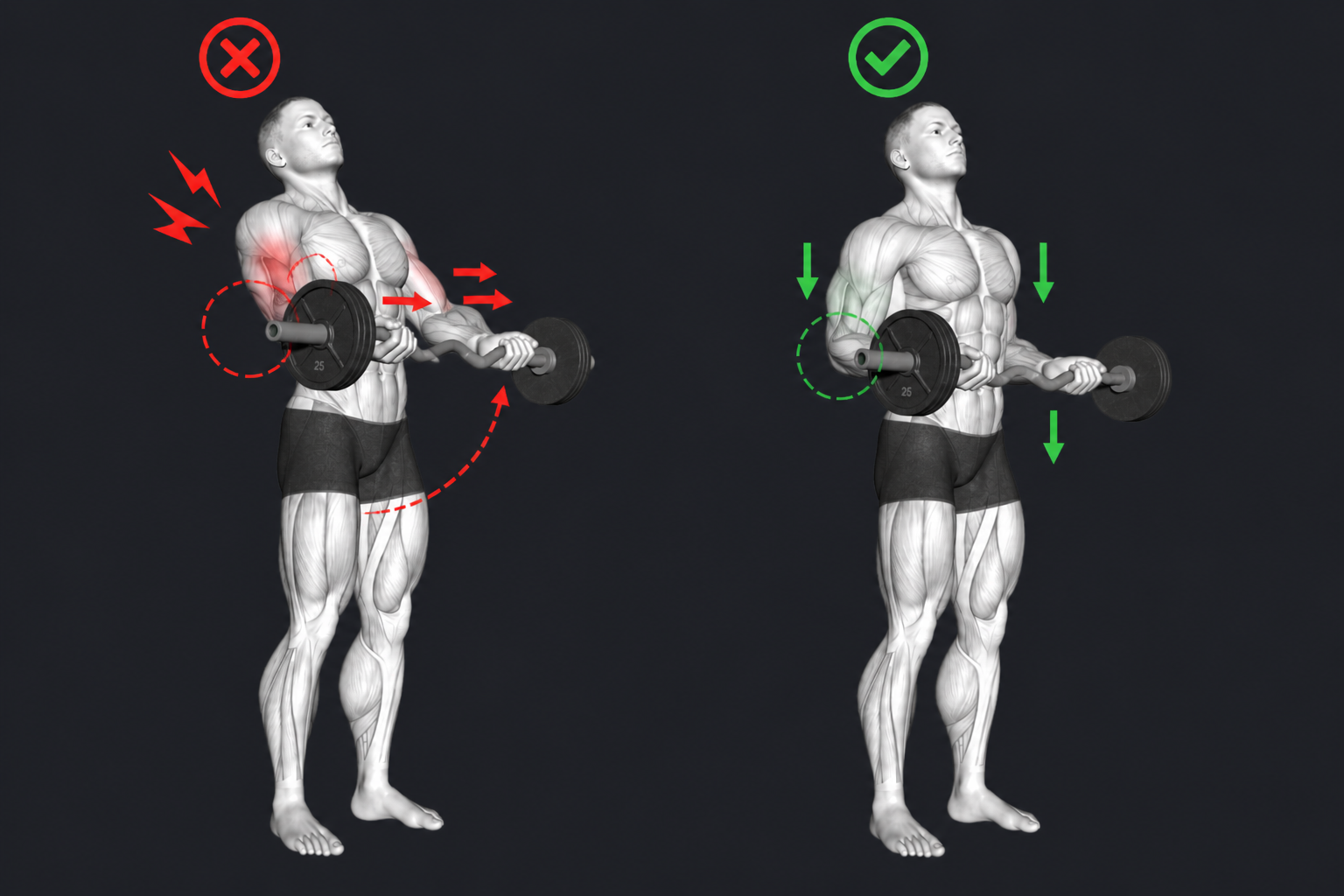 EZ-Bar Bicep Curl — Elbows move too far forward